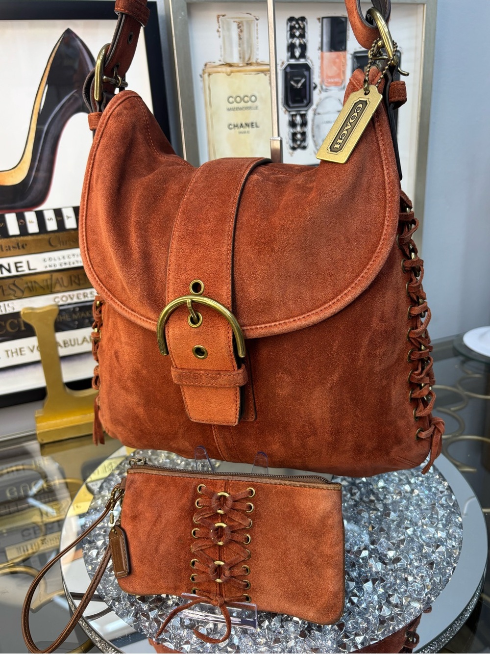 Coach 2003 vintage Soho Suede Braided Flap Shoulder Bag w/matching wristlet EUC - Picture 3 of 17